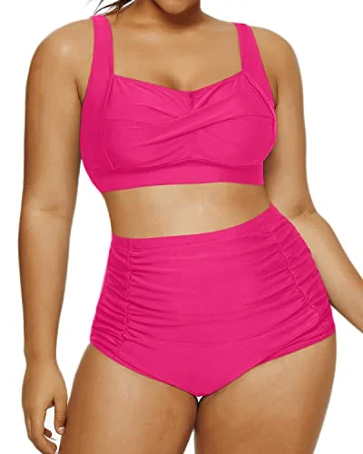 Women’s bikini bottoms resort glow -Retro Two Piece Swimsuit Ruched Bottoms Twisted Front Bikini-Neon Pink