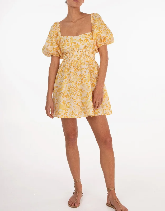 Women’s cover-up custom fit -Linen Smocked Mini Dress, Daffodil Yellow Floral