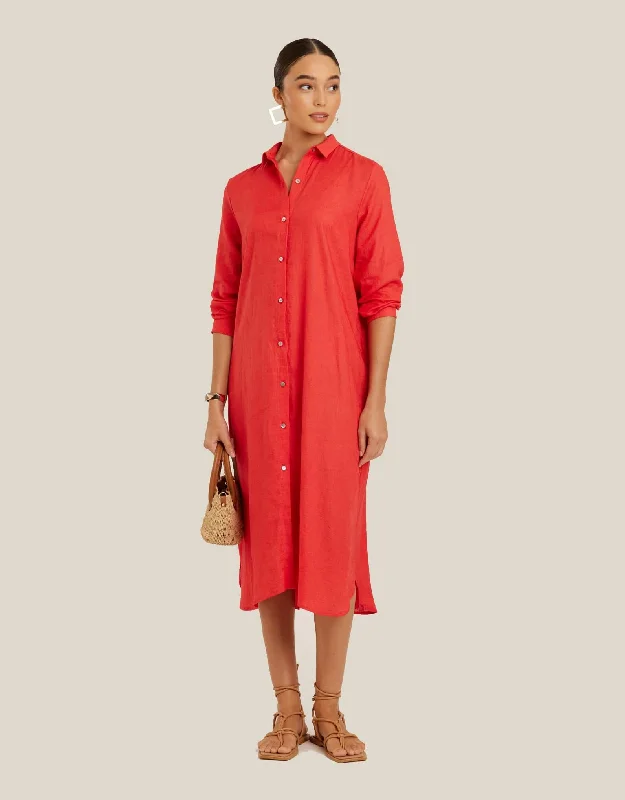 Women’s cover-up tie front -Chemisier Midi Shirtdress, Watermelon