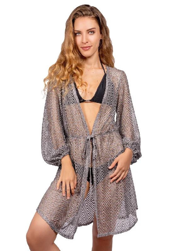 Women’s cover-up V-neck chic -SHORT DUSTER WITH LONG SLEEVE AND TIE BELT - BELIZE