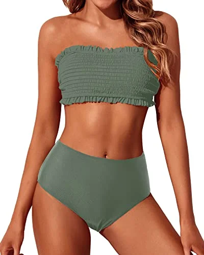 Women’s bikini bottoms teen pop -Two Piece Smocked Ruffle Off Shoulder Bikini Set High Waisted Bottoms-Army Green