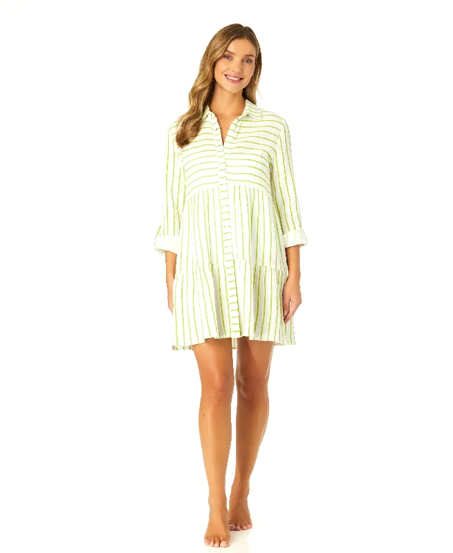 Women’s cover-up poolside chic -Women's Button Front Long Sleeve Tiered Dress Cover Up