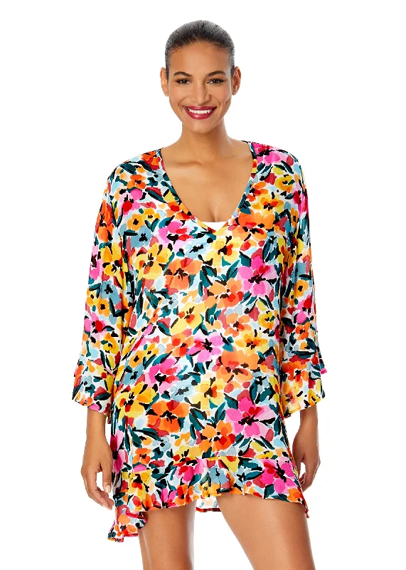 Women’s cover-up sequin sparkle -Women's Gradient Floral Flounce V Neck Tunic Swimsuit Cover Up