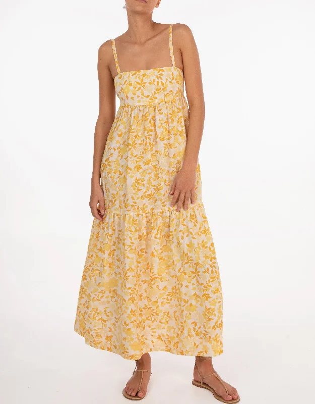 Women’s cover-up holiday cheer -Linen Tiered Maxi Dress, Daffodil Yellow Floral