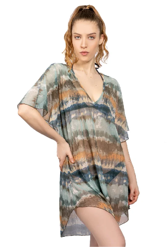 Women’s cover-up matte finish -V-NECK BATWING SLEEVE TUNIC - TIE DYE