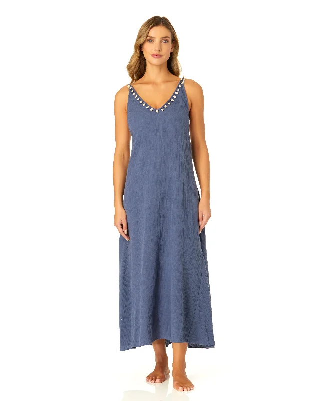 Women’s cover-up maxi length -Women's V Neck Braided Shell Strap Cover Up