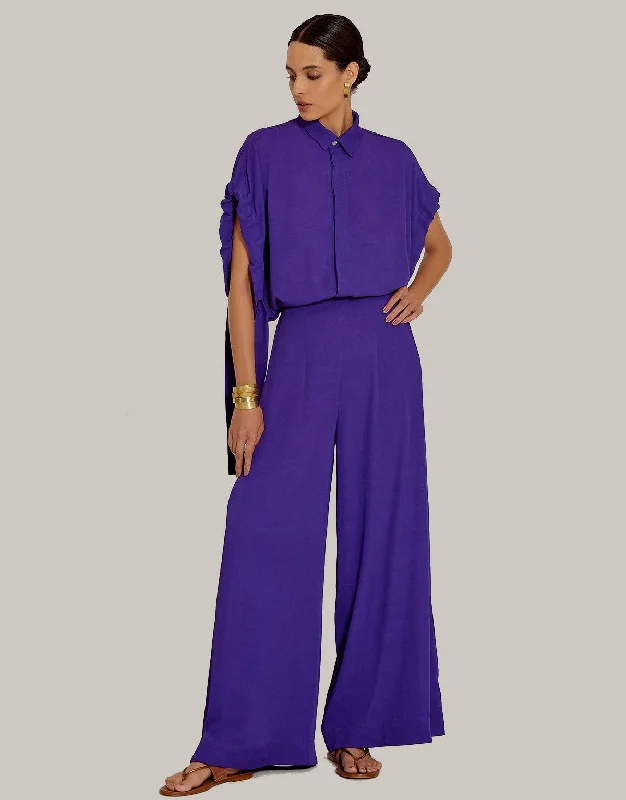 Women’s cover-up elastic waist -Side Pleated Pants, Purple