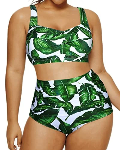 Women’s bikini bottoms sexy shimmer -Two Piece Retro High Waisted Swimsuit Ruched Bottom-Green Leaf