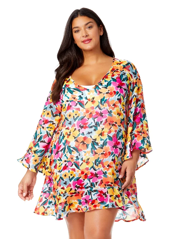 Women’s cover-up off-shoulder -Women's Plus Gradient Floral Flounce V Neck Tunic Swimsuit Cover Up