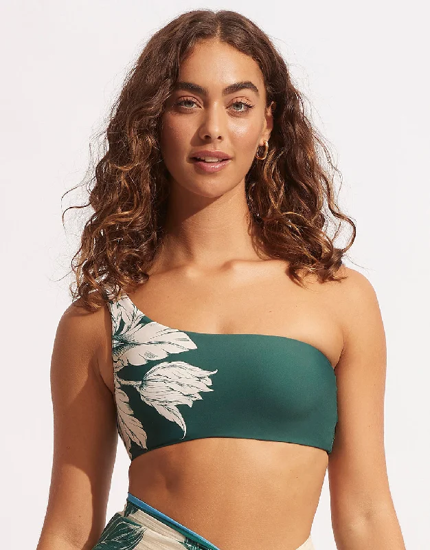 ladies bikini top soft edge -Fleur de Bloom One Shoulder Bikini Top - Evergreen