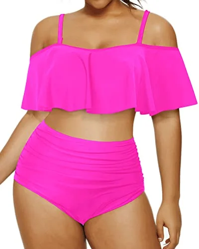 Women’s bikini bottoms lightweight scarf -Retro-Inspired Plus Size High Waisted Bikini Ruched Bottoms-Neon Pink