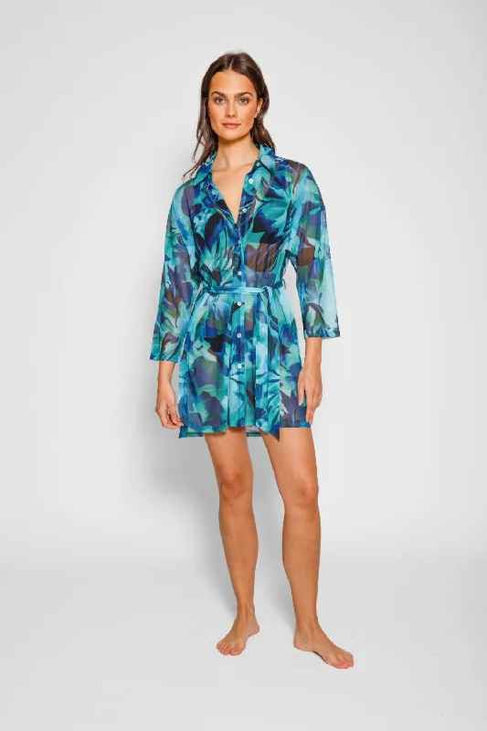 Women’s cover-up teal wave -Hydra Mesh Big Shirt