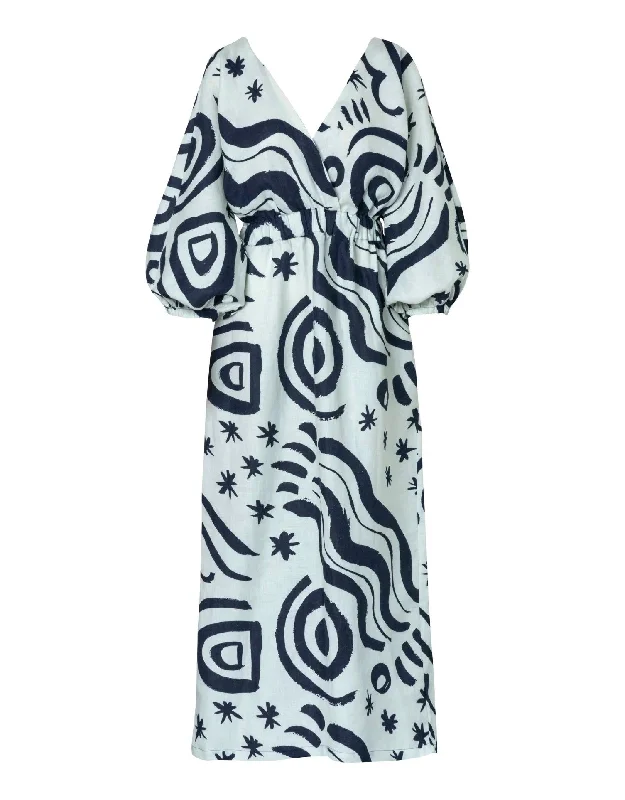 Women’s cover-up boutique charm -Lamia Linen Midi Dress, Wayuu Cream Print