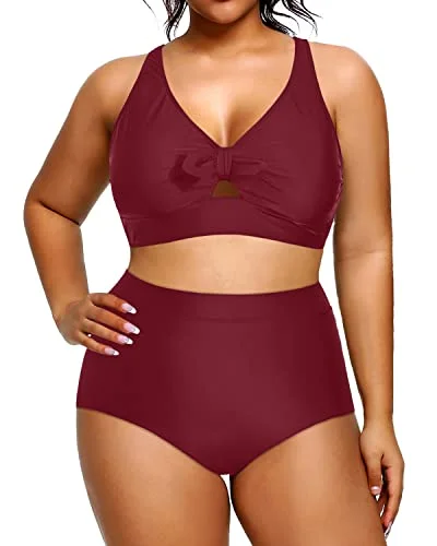 Women’s bikini bottoms festival vibe -Women Plus Size Two Piece Swimsuit High Waisted Bikini Bottoms-Maroon