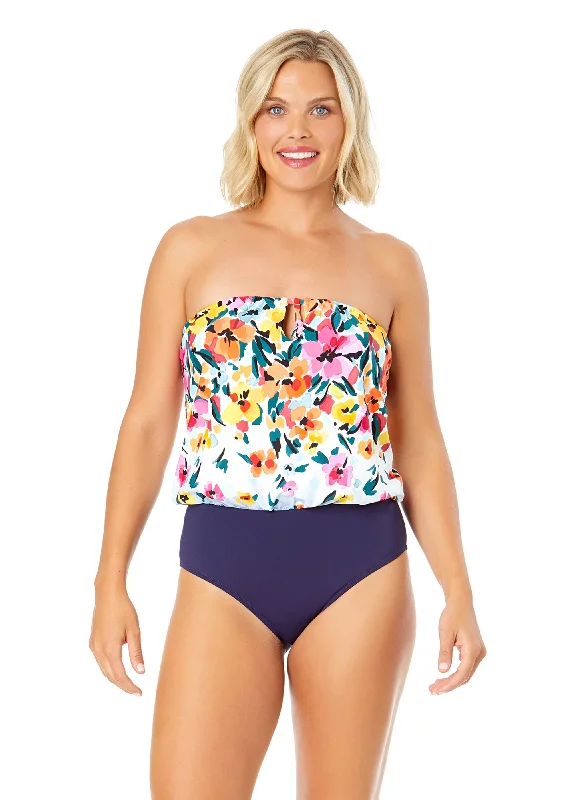 ladies one-piece swimsuit splash party -Women's Gradient Floral Strapless Blouson Keyhole One Piece Swimsuit