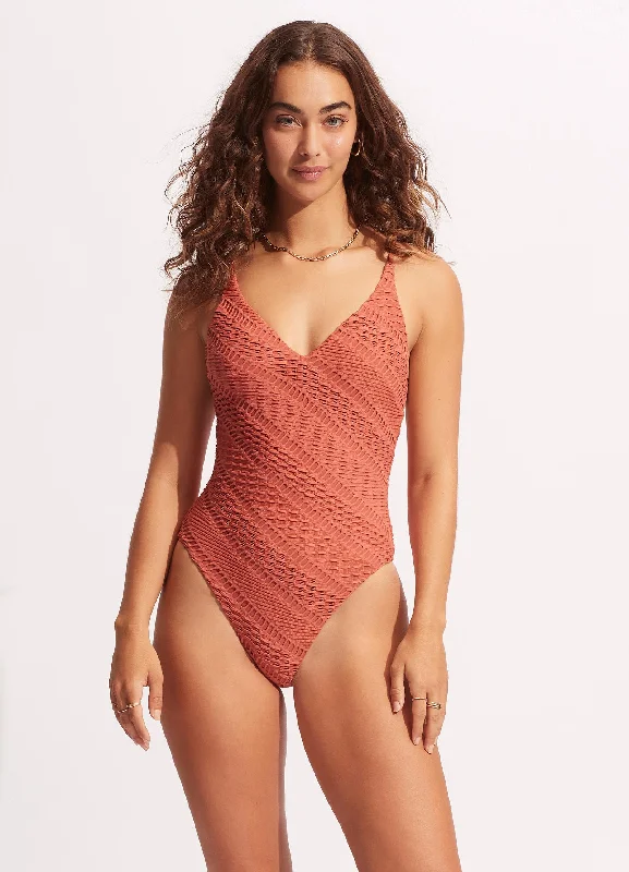 ladies one-piece swimsuit tie back -Marrakesh V Neck One Piece - Cinnamon