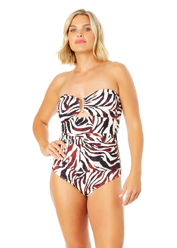 ladies one-piece swimsuit cheap buy -Women's Tiger Dance Ring Front Bandeau One Piece Swimsuit