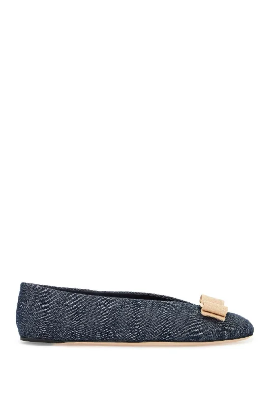 Women’s sandals lace-up chic -Ferragamo Denim Ballet Flats with Raffia Bow