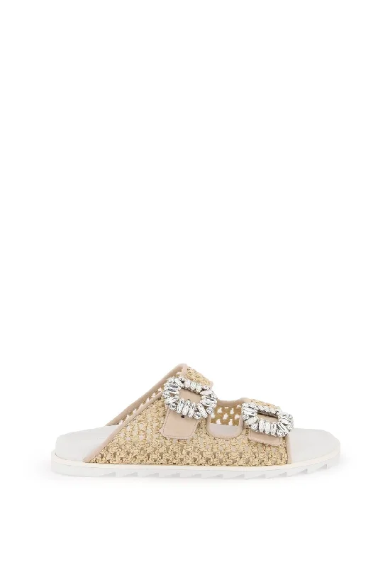 Women’s sandals wide width ease -ROGER VIVIER Chic Raffia Slidy Flat with Rhinestone Buckle