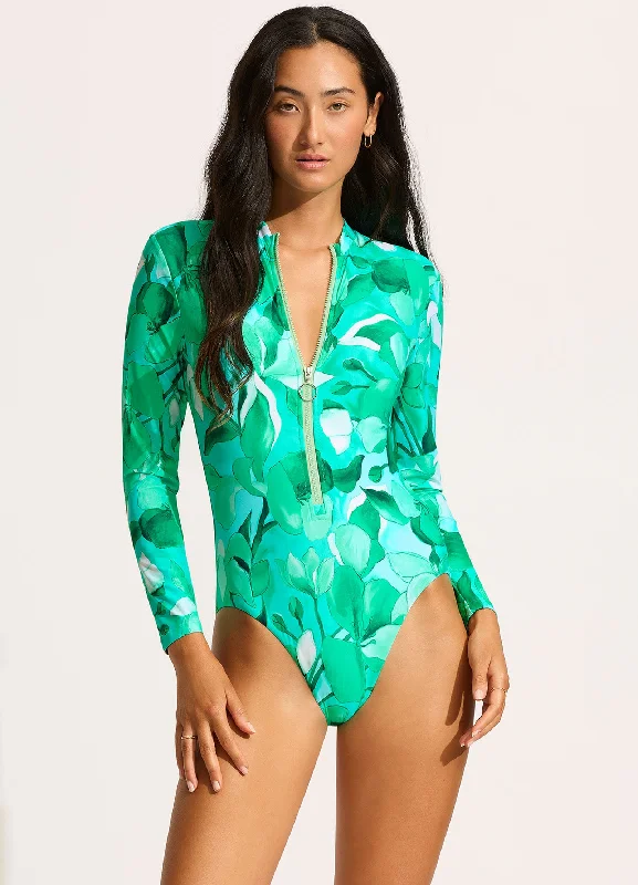 ladies one-piece swimsuit firm cups -Secret Garden Zip Front Surf Suit - Jade