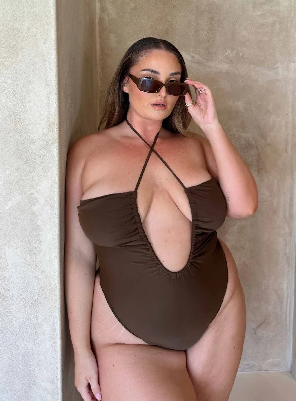 ladies one-piece swimsuit wrist sleeves -Fern One Piece Brown Curve