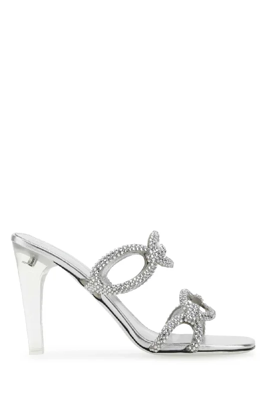 Women’s sandals playful pop -VALENTINO GARAVANI Chain 1967 Silver Leather Flat Sandals - 10 cm Heel