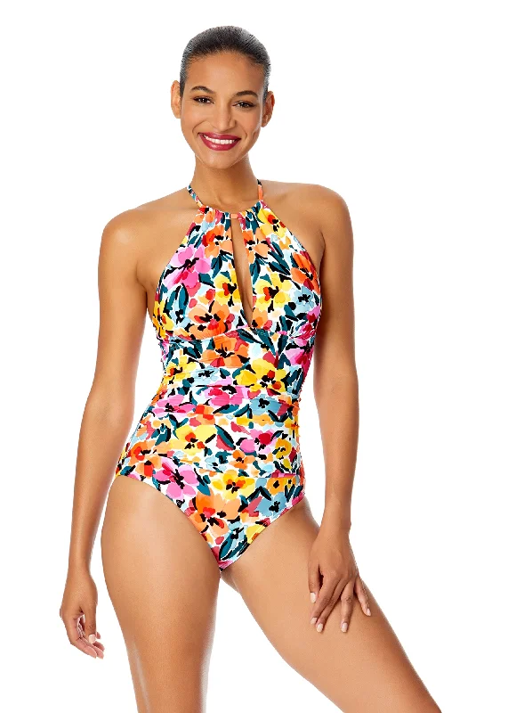 ladies one-piece swimsuit tall frame -Women's Gradient Floral High Neck With Ruffled Straps One Piece Swimsuit