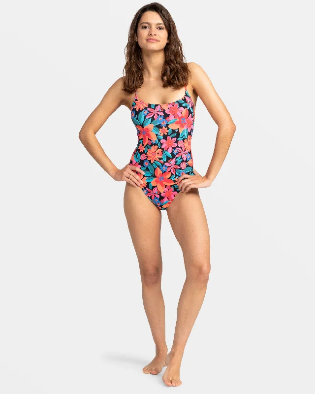 ladies one-piece swimsuit plum purple -Printed Beach Classics Strappy One-Piece Swimsuit - Anthracite Floral Fiesta