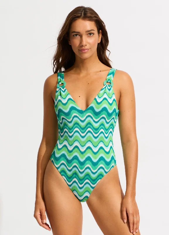 ladies one-piece swimsuit hand stitched -Neue Wave V Neck One Piece - Jade