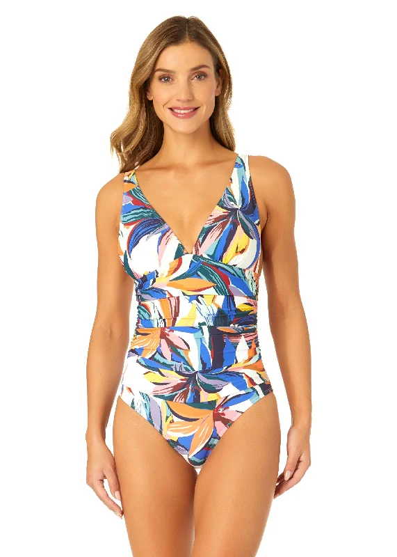 ladies one-piece swimsuit sun shield -Women's Riviera Floral Soft Band Shirred One Piece Swimsuit