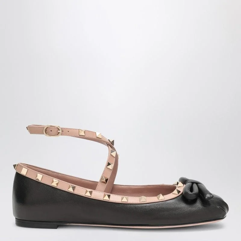 Women’s sandals midnight magic -VALENTINO GARAVANI Rockstud Ballerina Flats with Bow and Ankle Strap