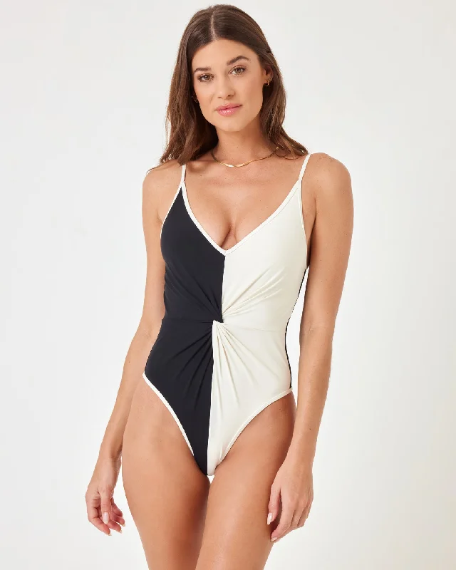 ladies one-piece swimsuit tucked style -Devi One Piece - Black-Cream