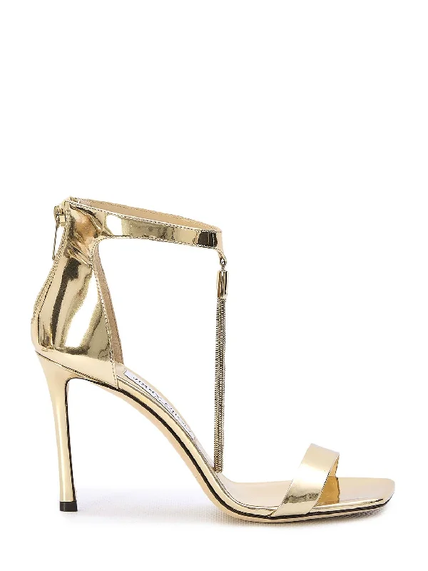 Women’s sandals modern twist -JIMMY CHOO Gold Metallic Tassel Sandals for Women with Square Toe and Stiletto Heel