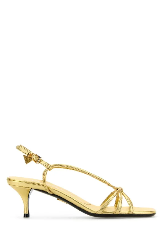 Women’s sandals slip-proof tread -PRADA Luxurious Gold Leather Sandals with 5.5 cm Heel Height