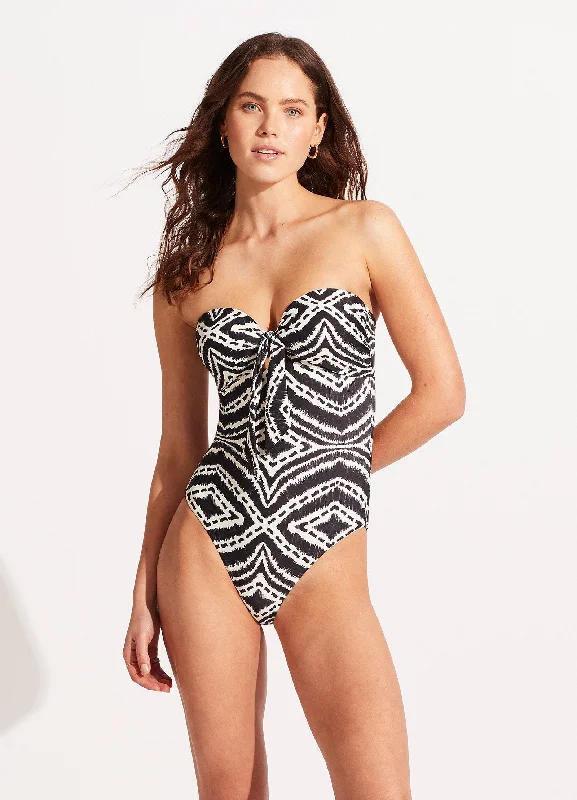 ladies one-piece swimsuit offset design -Zanzibar Twist Tie Front One Piece - Black