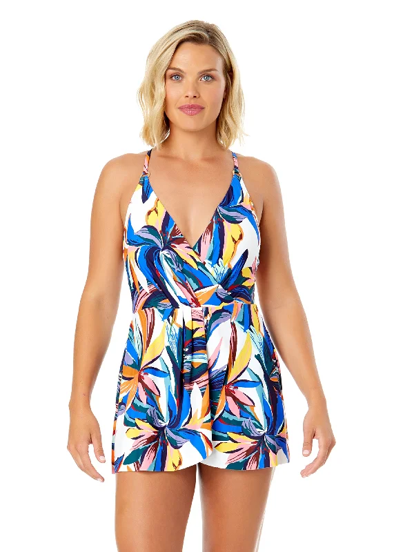 ladies one-piece swimsuit elbow sleeves -Women's Riviera Floral Swim Dress With Skirted Bottom