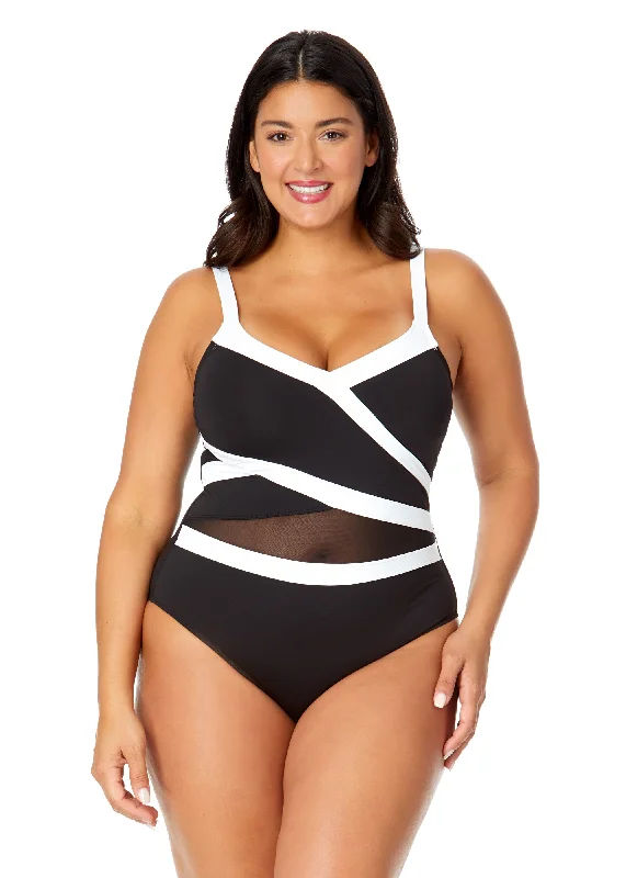 ladies one-piece swimsuit mesh stretch -Women's Plus Mesh Around Mesh Insert One Piece Swimsuit