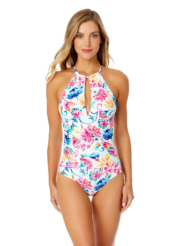 ladies one-piece swimsuit top choice -Women's Watercolor Paisley High Neck With Ruffled Straps One Piece Swimsuit