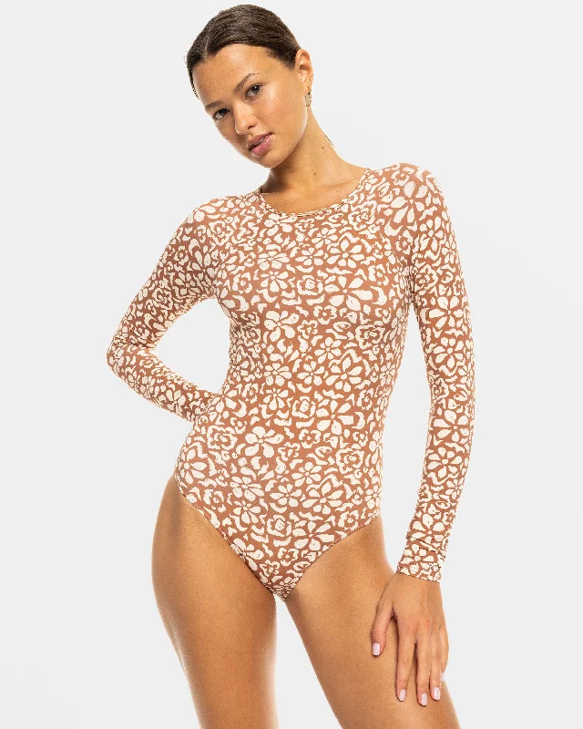 ladies one-piece swimsuit roll easy -Basic Long Sleeve One-Piece Swimsuit - Russet Free Fallin Floral