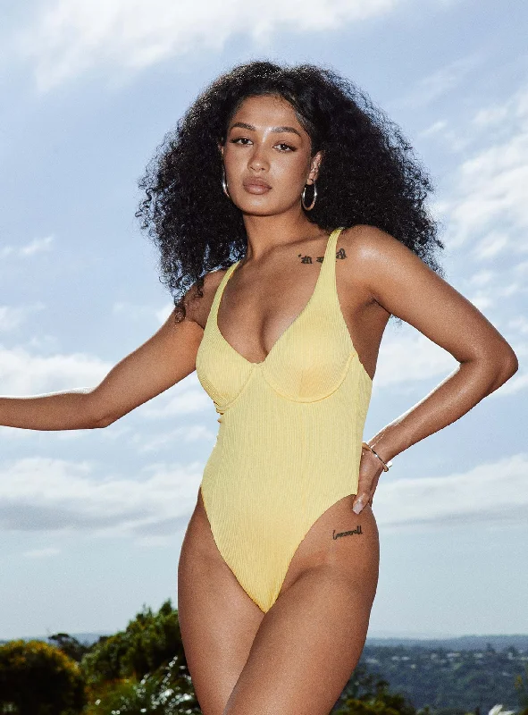 ladies one-piece swimsuit 80s flair -January Underwire Ribbed One Piece Yellow