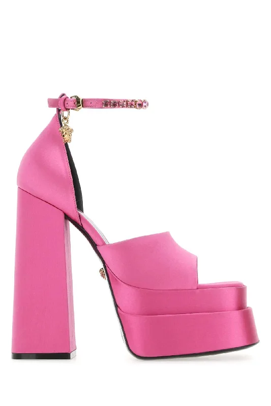 Women’s sandals rose gold glamour -VERSACE Fuchsia Satin Medusa Aevitas Mini Sandals with 16 cm Heel