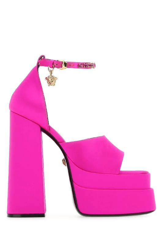 Women’s sandals bold design -VERSACE Fuchsia Satin Medusa Aevitas Sandals - 16 cm Heel Height