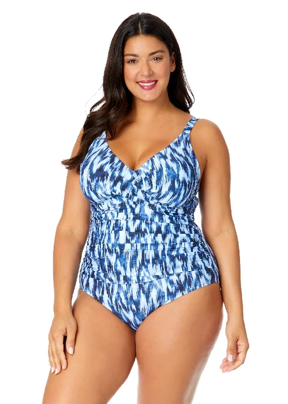 ladies one-piece swimsuit snow white -Women's Plus Tie Dye Ikat Hidden Underwire Drape Front One Piece Swimsuit