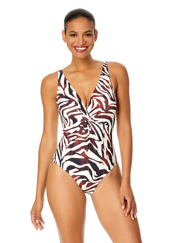 ladies one-piece swimsuit soft support -Women's Tiger Dance Plunge Twist One Piece Swimsuit