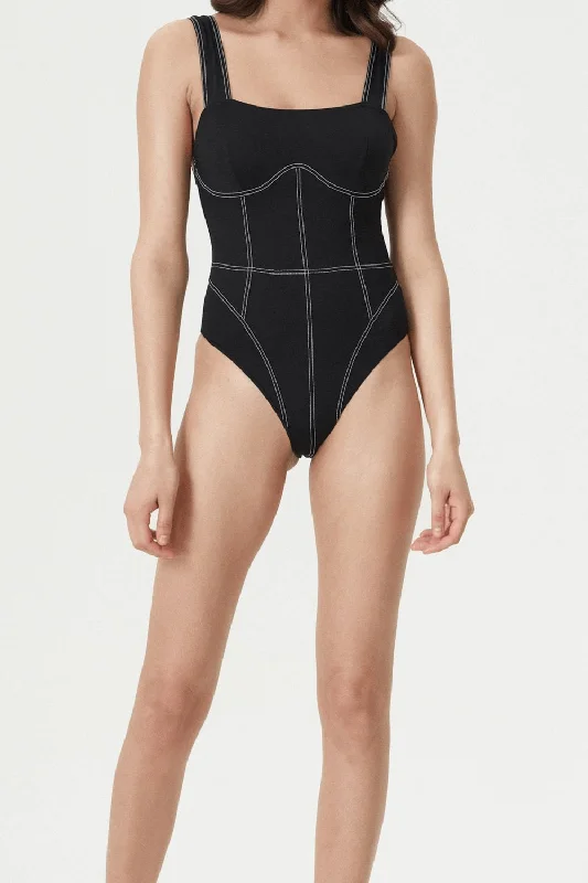 ladies one-piece swimsuit blend hues -Black Contrast Corset Lines Open Back One Piece Swimsuit