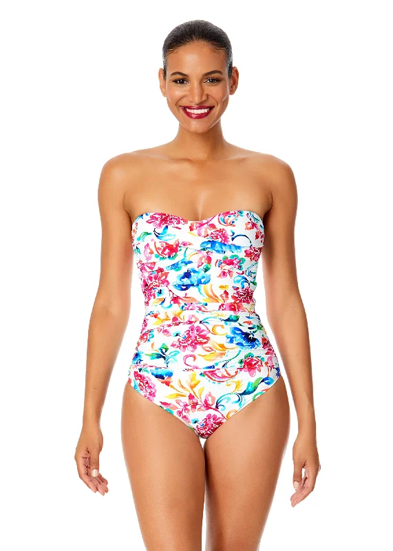 ladies one-piece swimsuit quick send -Women's Watercolor Paisley Twist Front Shirred One Piece Swimsuit