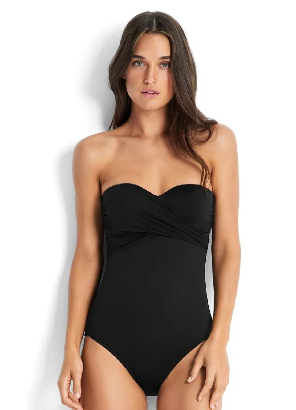 ladies one-piece swimsuit hand stitched -Seafolly C/D Cup Wrap Front Bandeau One Piece - Black