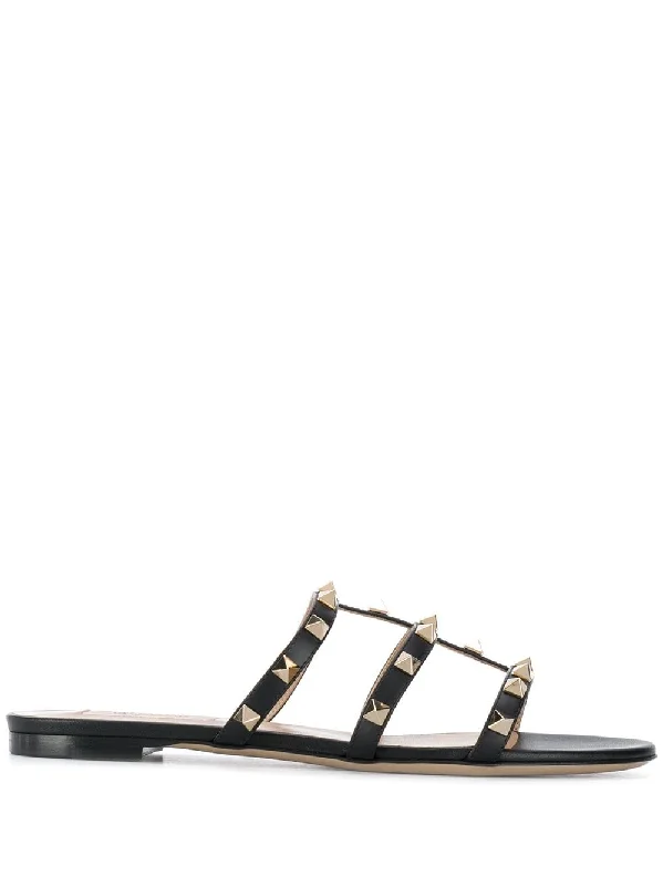 Women’s sandals blue coastal vibe -VALENTINO GARAVANI Rockstud Leather Flat Sandals for Women