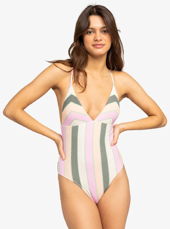 ladies one-piece swimsuit soft pleats -Vista Stripe One-Piece Swimsuit - Agave Green Very Vista Stripe