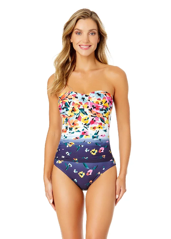 ladies one-piece swimsuit sun shield -Women's Gradient Floral Twist Front Shirred One Piece Swimsuit